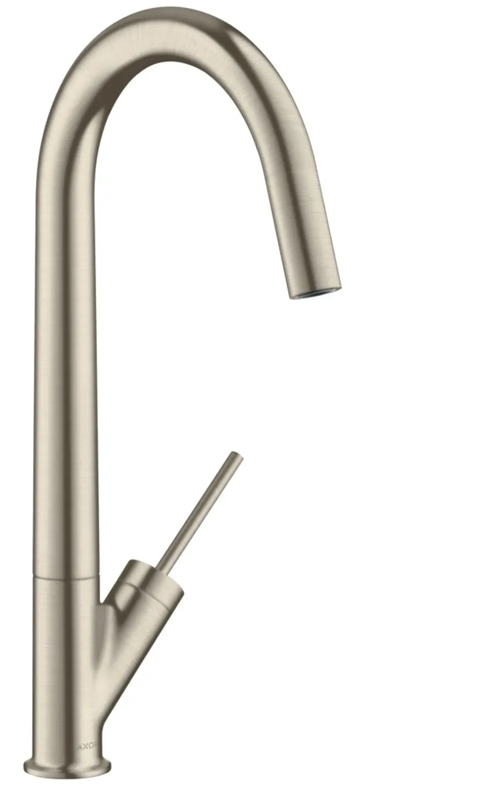 Einhebel-Küchenmischer in gebürstetem Nickel mit Schwenkauslauf von AXOR, mit einem ergonomisch platzierten Bedienhebel zur Steuerung von Wasserfluss und -temperatur.